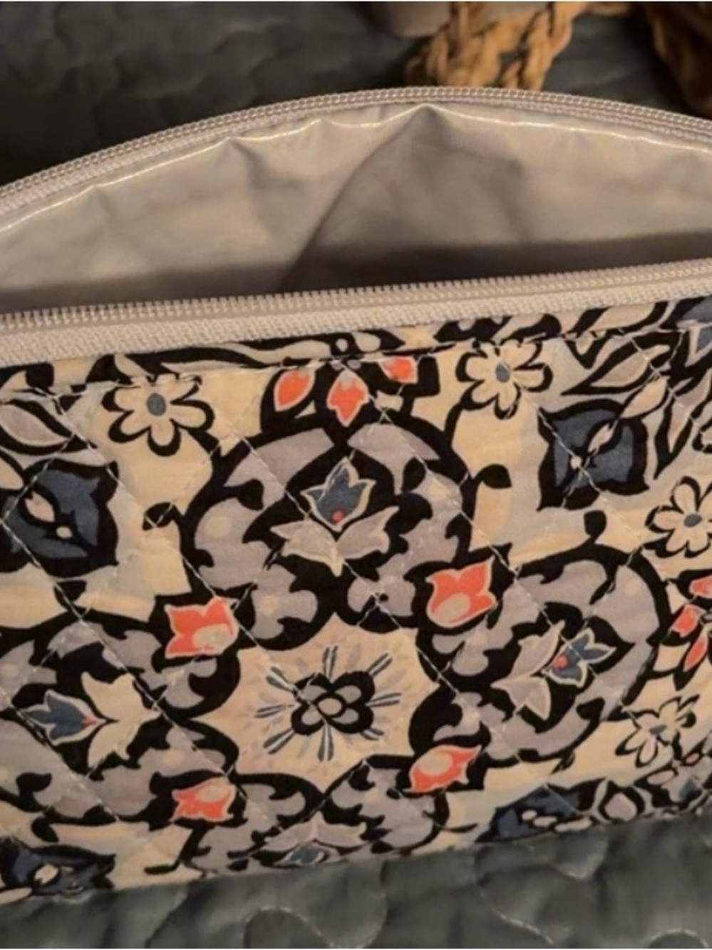 Vera Bradley Quilted Floral Medallion Pouch in Cream, Navy & Coral